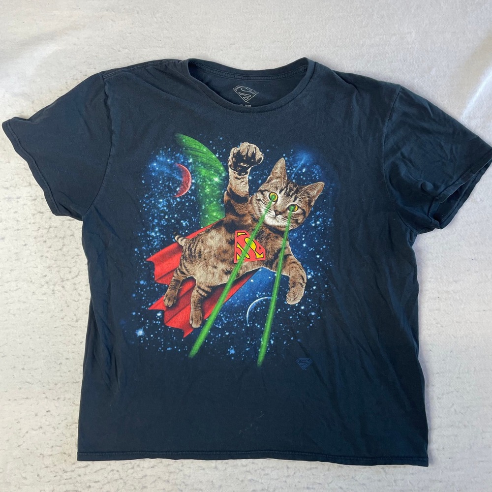 DC Comics Superman Laser Eye Cat Graphic T-Shirt Mens XL Black Space